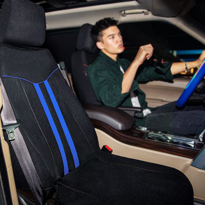 CAR-GRAND Universal Stylish Piping Cloth Car Seat Covers Full Set, Breathable and Washable Seat Covers with Air Compatible,3 Zipper Bench Design,Fit 90% Automotive,SUV,Truck,Sedan (Black-Blue Strips) - Image 5
